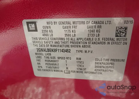 2015 Chevrolet Equinox 1Lt из США, поврежденный, VIN 2GNALBEK8F1143462